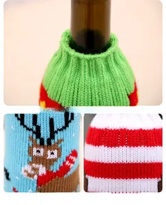 Detailed views of knitted Christmas bottle cover with moose patterns and striped textures