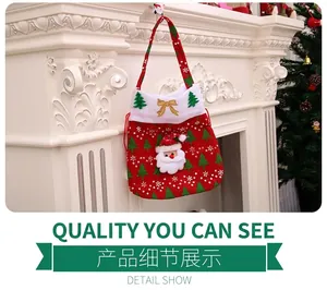 Detail of Christmas gift bag with Santa Claus 3D decoration and festive tree patterns