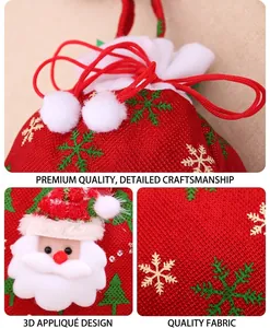 Macro details of red Christmas drawstring gift bag with Santa applique and snowflake patterns