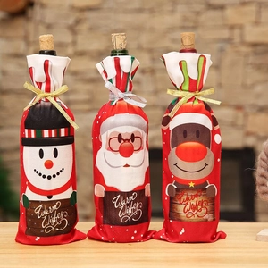 Housse de Bouteille de Vin de Noël Dessin Animé Père Noël Bonhomme de Neige Et Renne Sac à Bouteille Avec Ruban Décoration de Table