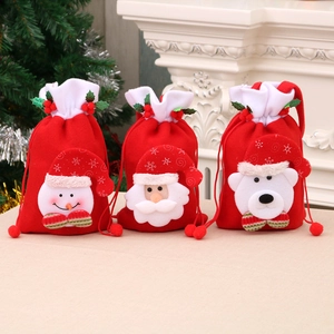 Christmas Gift Bags Red Velvet Faux Fur Drawstring Pouch Santa Snowman Polar Bear Cartoon Character Holiday Party Candy Decor