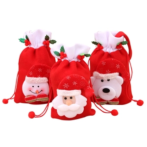 3D Christmas drawstring gift bags set with Santa, Snowman and Bear plush appliques