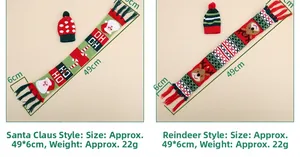 Detail view of knitted Christmas bottle covers with Santa and reindeer patterns