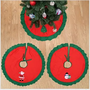 Christmas Tree Skirt Red Green Frill Border Santa Claus Snowman Pattern Non-Woven Festive Tree Base Home Decoration