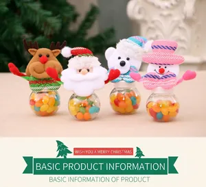 Close-up of small Christmas candy jars featuring Santa, reindeer and snowman plush toppers