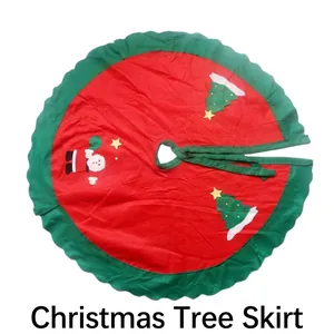 90cm Christmas tree skirt featuring Santa Claus and tree motifs with green ruffled edges