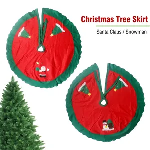Red 90cm Christmas tree skirt featuring Santa Claus and Snowman with green ruffled edges