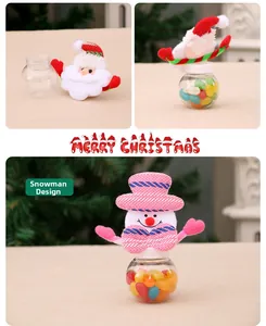 Detailed view of mini Christmas candy jars featuring Santa Claus and Snowman plush lids
