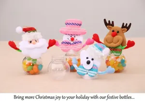 Close-up of mini Christmas candy jars featuring Santa, snowman, reindeer and bear designs
