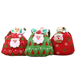 Three-piece Christmas drawstring gift bags featuring Santa and snowman 3D plush designs