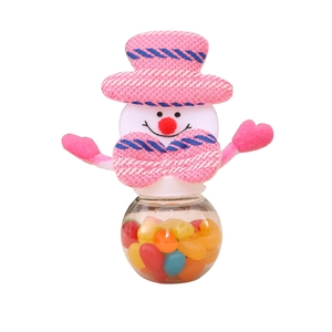 Mini snowman Christmas candy jar with pink knitted hat and clear round container