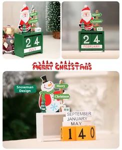 Close-up of wooden Christmas countdown calendar with Santa and snowman figurines