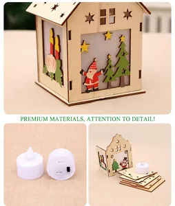 Détail d'une maison de Noël en bois DIY avec bougies LED et pièces découpées au laser