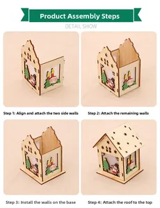 Guide d'assemblage pas à pas pour maison de Noël en bois DIY montrant les pièces et le toit