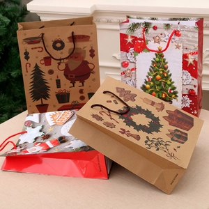 Christmas Kraft Paper Gift Bags With Handles Santa Claus Snowman Print Holiday Party Favor Bags For Clothing Treats
