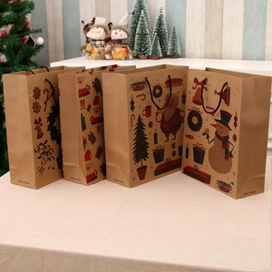 Set of 4 Christmas kraft paper gift bags featuring festive Santa and snowman designs