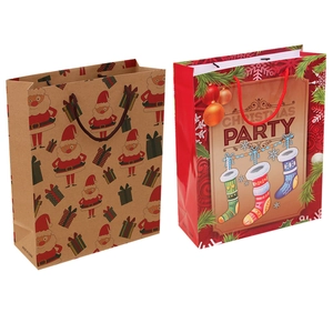 Christmas kraft paper gift bags set featuring Santa Claus and Christmas Party designs