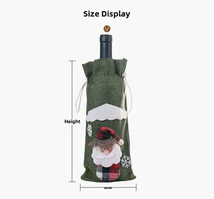 Detailed size display of forest green burlap Christmas wine bottle cover with Santa