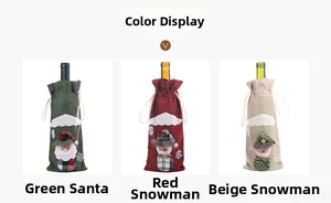 Three Christmas burlap wine bottle bags with Santa and Snowman doll decorations