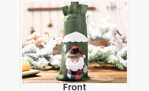 Detail of green burlap Christmas wine bottle bag featuring Santa Claus and snowflake motifs