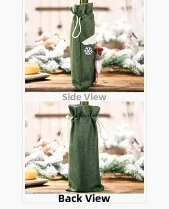 Detail of green burlap Christmas wine bottle cover with gnome and snowflake patterns