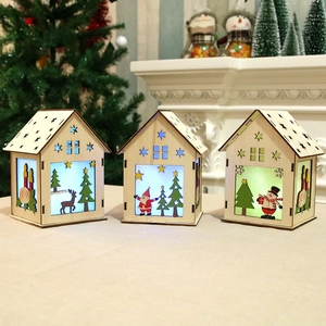 Ensemble de 3 maisons de Noël en bois avec Père Noël, renne et bonhomme de neige lumineux