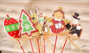 Lot de 5 pics de Noël en bois avec rennes, bonhommes de neige et motifs d'anges festifs