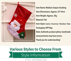 Detail view of red velvet Christmas stocking with 3D Santa Claus and sequin snowflake patterns