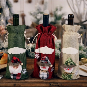 Christmas Wine Bottle Cover Burlap Drawstring Bag With 3D Santa Claus Snowman For Xmas Dinner Table Decoration Party Gift Wrapping
