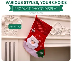 Detail of red Christmas stocking with 3D Santa Claus hanging on a fireplace