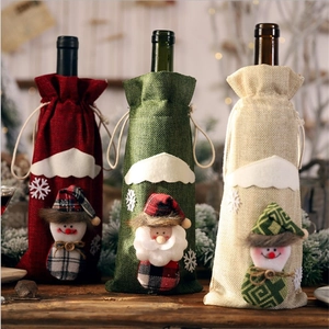Three-piece Christmas wine bottle bags with 3D plush Santa and Snowman for table decor