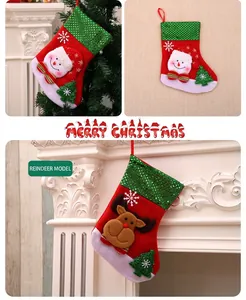 Detail of Santa stockings with 3D snowman and elk designs hanging by the fireplace