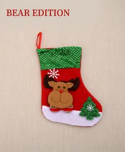 Detail of Santa stockings with 3D reindeer and bear patterns for Christmas tree decoration