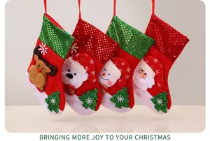 Set of 4 Christmas stockings featuring Santa, Snowman, Polar Bear, and Reindeer icons