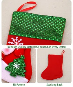 Detail of red Christmas stocking with 3D green sequin tree and white snowflake buttons
