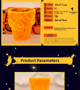 Detailed dimensions of four orange skull cups made of PC material for Halloween parties