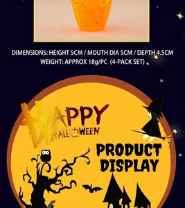 Set of four orange skull-shaped plastic cups for Halloween with detailed size measurements