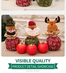 Three Christmas burlap drawstring gift bags with 3D Santa, Snowman and Reindeer designs