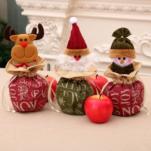 Christmas Drawstring Gift Bags Linen Fabric Plush Santa Snowman Reindeer Cartoon Holiday Candy Packaging Party Favors