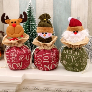 Three-piece large Christmas burlap drawstring gift bags with Santa, reindeer and snowman