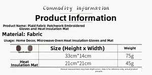 Detailed size specifications for Christmas plaid oven mitts and heat-insulated potholders