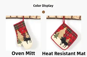 Detail of Christmas plaid oven mitt and pot holder featuring reindeer and tree patches