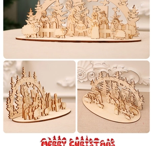 Detail of DIY 3D wooden Christmas puzzle with snowman and tree silhouettes