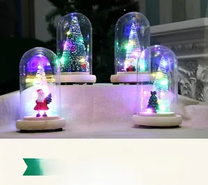 Miniature Christmas trees in glowing glass domes with warm LED lights on a wooden base