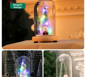 Detail of Santa Claus figurine inside a glass dome with LED mini Christmas tree