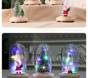 Detail of lit Christmas glass dome with Santa and tree on a wooden base