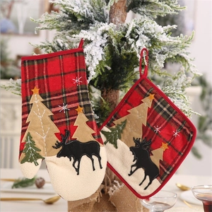 Christmas kitchen set with plaid oven mitt and pot holder featuring reindeer and tree