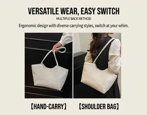 Dual-view detail of a white woven leather tote showing handheld and shoulder bag styles