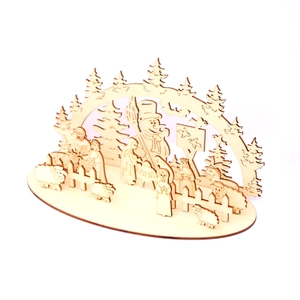 3D wooden Christmas puzzle decoration featuring a snowman and winter town scene