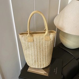 Straw Woven Bucket Handbag Korean Urban Minimalist Summer Beach Vacation Tote For Women With Zipper Closure